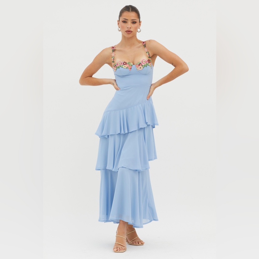 Selfie Leslie Powder Blue Tiered Maxi Dress with Floral Trim